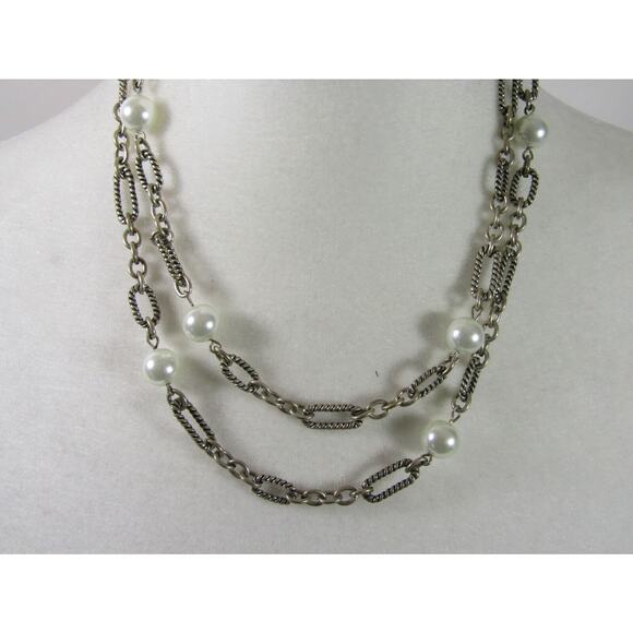 Silver Tone 3 Tier Chain Faux Pearl Bead Necklace 18" Boho Whimsigoth Retro Y2K - Picture 3 of 6
